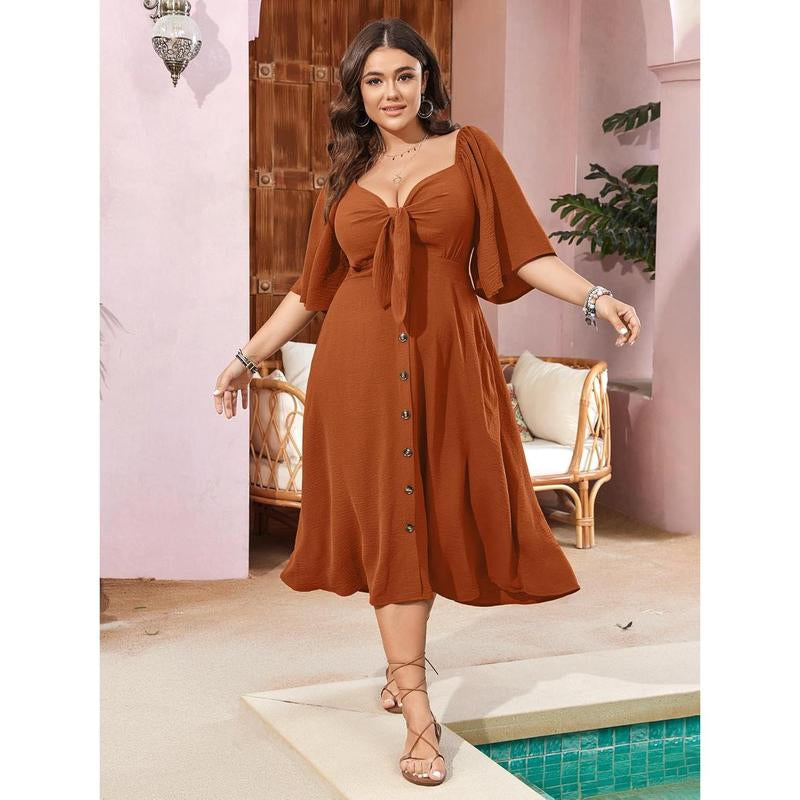 Plus Size Summer Dress Casual Short Sleeve Bow Tie Deep V Neck Smocked Button down Midi Flowy A-Line Boho Dresses