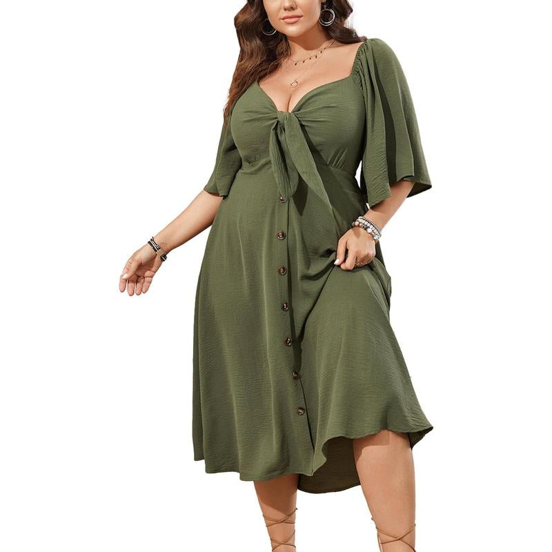 Plus Size Summer Dress Casual Short Sleeve Bow Tie Deep V Neck Smocked Button down Midi Flowy A-Line Boho Dresses
