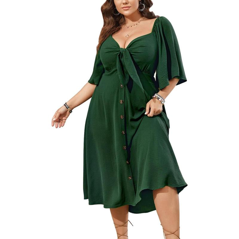 Plus Size Summer Dress Casual Short Sleeve Bow Tie Deep V Neck Smocked Button down Midi Flowy A-Line Boho Dresses
