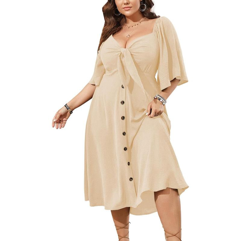 Plus Size Summer Dress Casual Short Sleeve Bow Tie Deep V Neck Smocked Button down Midi Flowy A-Line Boho Dresses