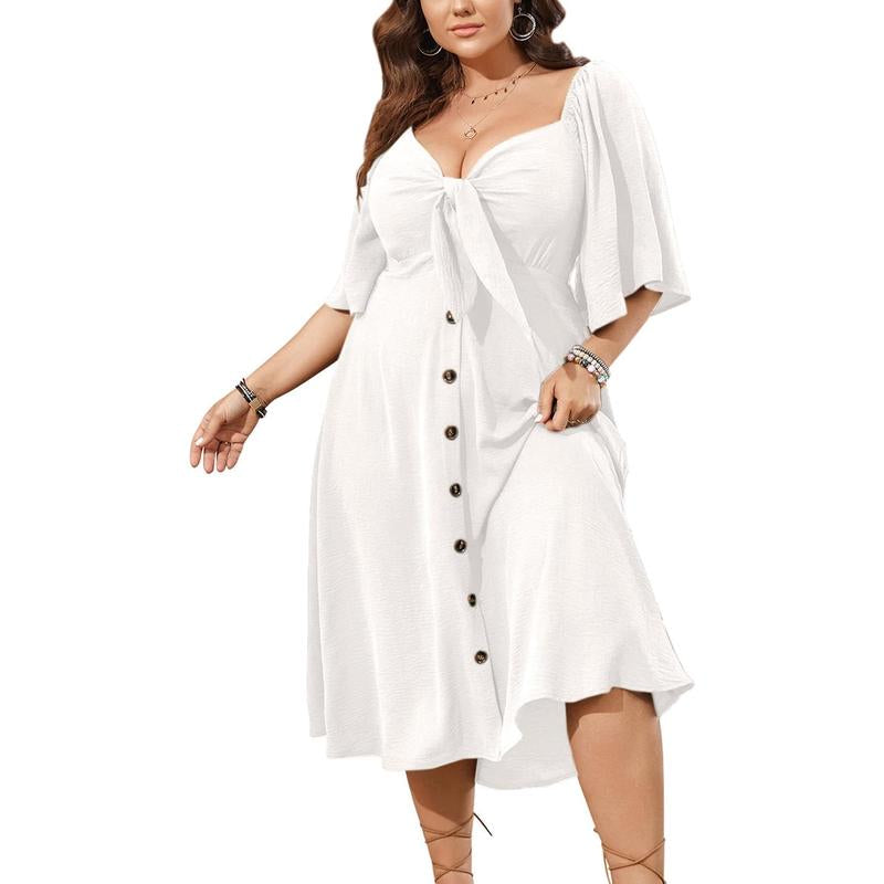 Plus Size Summer Dress Casual Short Sleeve Bow Tie Deep V Neck Smocked Button down Midi Flowy A-Line Boho Dresses