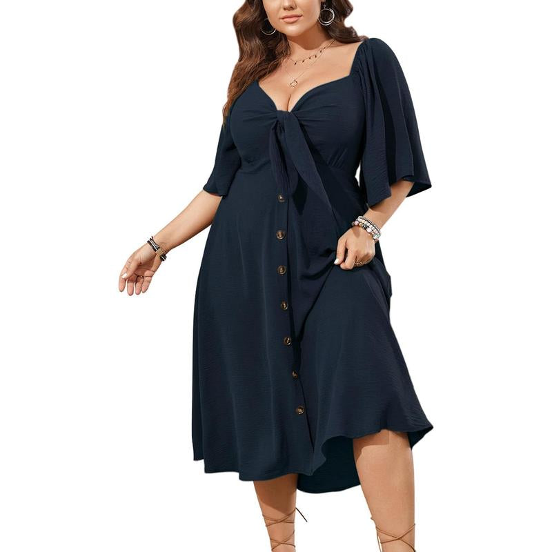 Plus Size Summer Dress Casual Short Sleeve Bow Tie Deep V Neck Smocked Button down Midi Flowy A-Line Boho Dresses