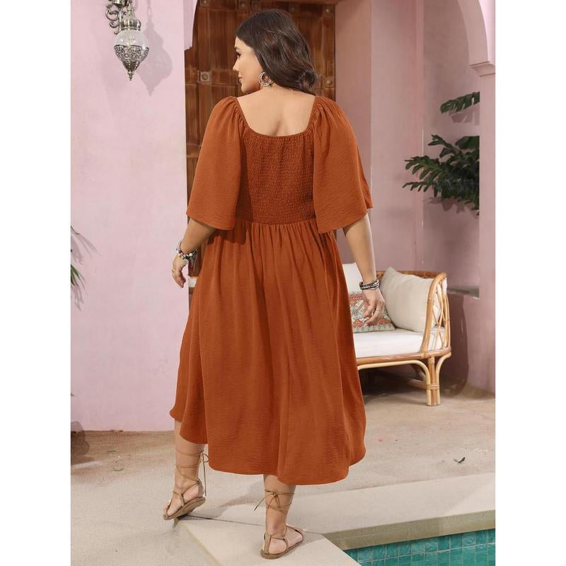 Plus Size Summer Dress Casual Short Sleeve Bow Tie Deep V Neck Smocked Button down Midi Flowy A-Line Boho Dresses