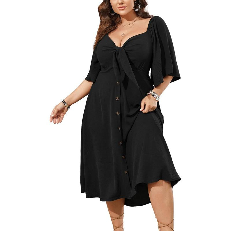 Plus Size Summer Dress Casual Short Sleeve Bow Tie Deep V Neck Smocked Button down Midi Flowy A-Line Boho Dresses