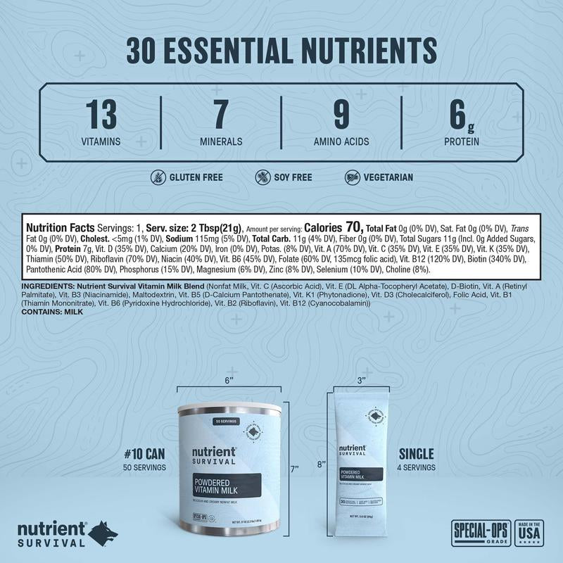 Nutrient Survival Vitamin Powdered Milk, Freeze Dried Prepper Supplies & Emergency Food Supply, 21 Essential Nutrients, Soy & Gluten Free, Shelf Stable up to 25 Years, One Can, 50 Servings