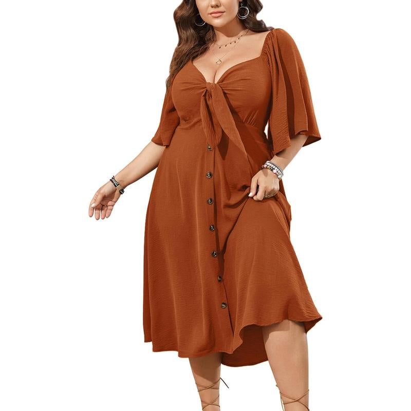 Plus Size Summer Dress Casual Short Sleeve Bow Tie Deep V Neck Smocked Button down Midi Flowy A-Line Boho Dresses