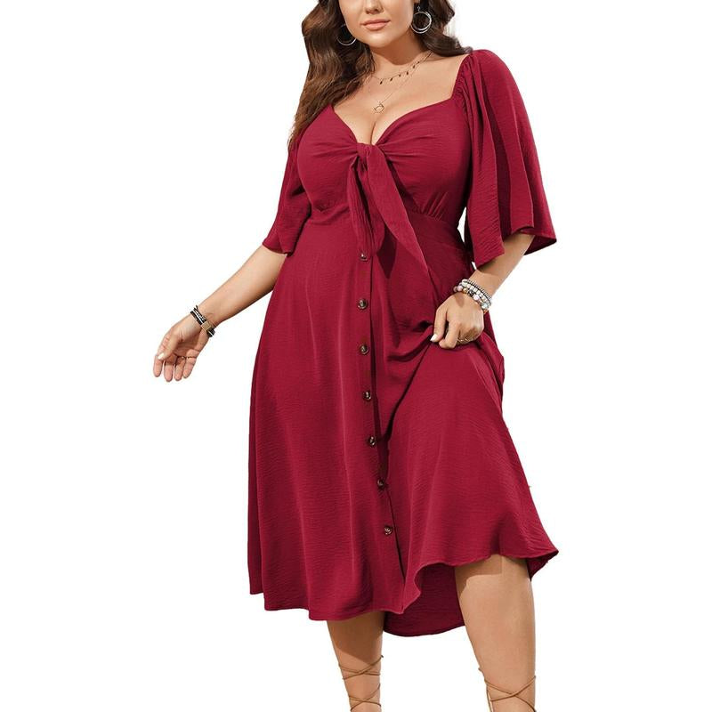 Plus Size Summer Dress Casual Short Sleeve Bow Tie Deep V Neck Smocked Button down Midi Flowy A-Line Boho Dresses