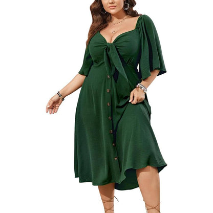Plus Size Summer Dress Casual Short Sleeve Bow Tie Deep V Neck Smocked Button down Midi Flowy A-Line Boho Dresses